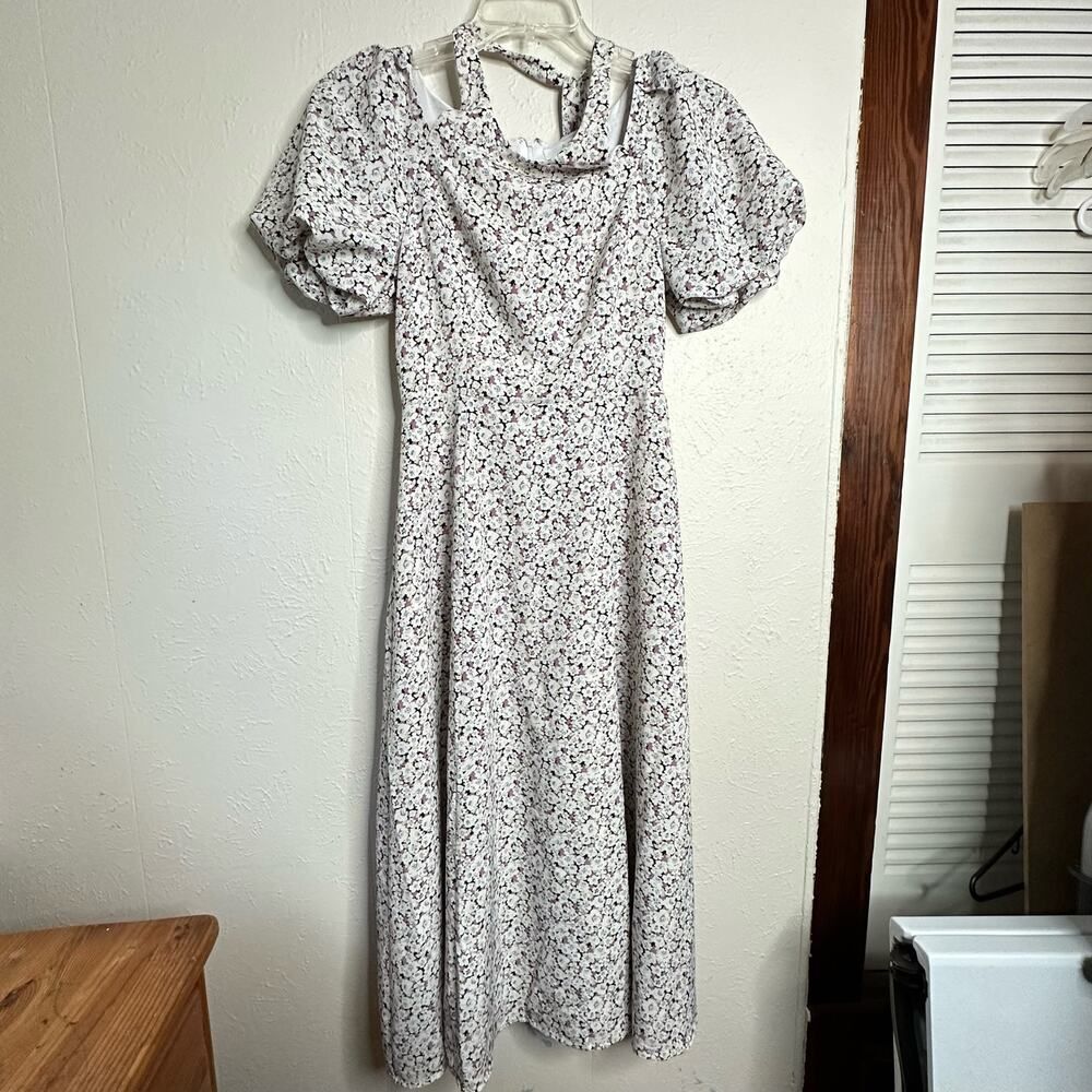 ASTR The Label Puff Sleeve Floral Cotton Midi  Square Neckline Dress Size Small